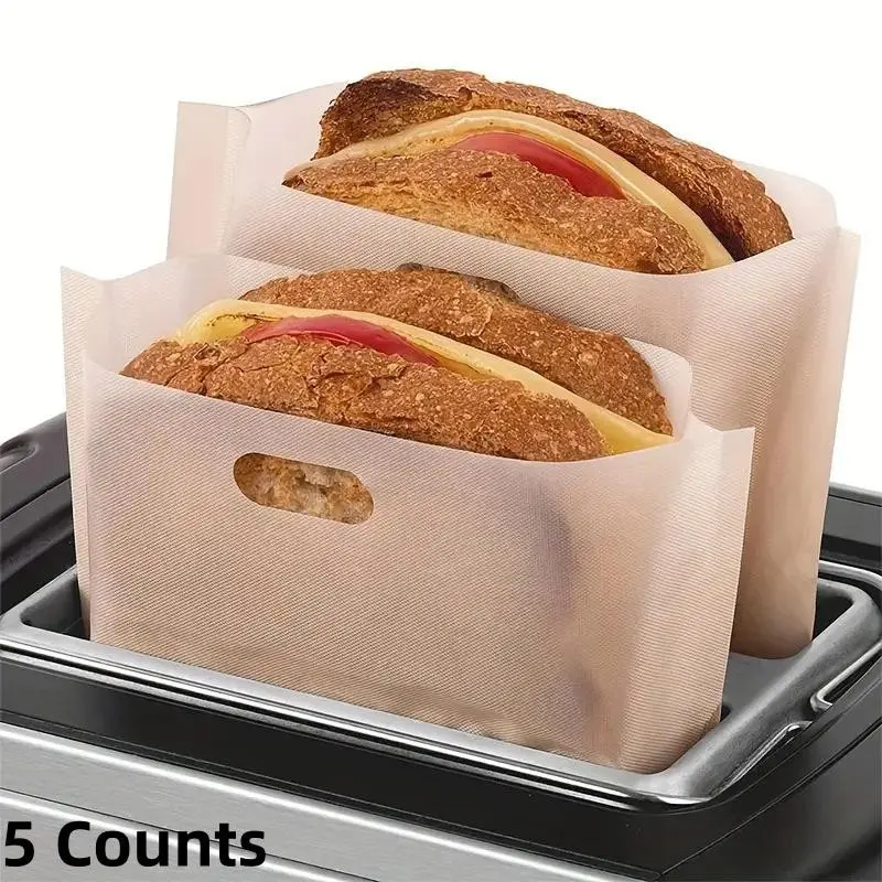 5 Counts 6.3x6.5in Non-Stick Reusable Toaster Bags for Grilled Cheese Sandwiches Microwave Oven Grill Pizza Panini Garlic Bread, Easy Food Preparation, Durable Material