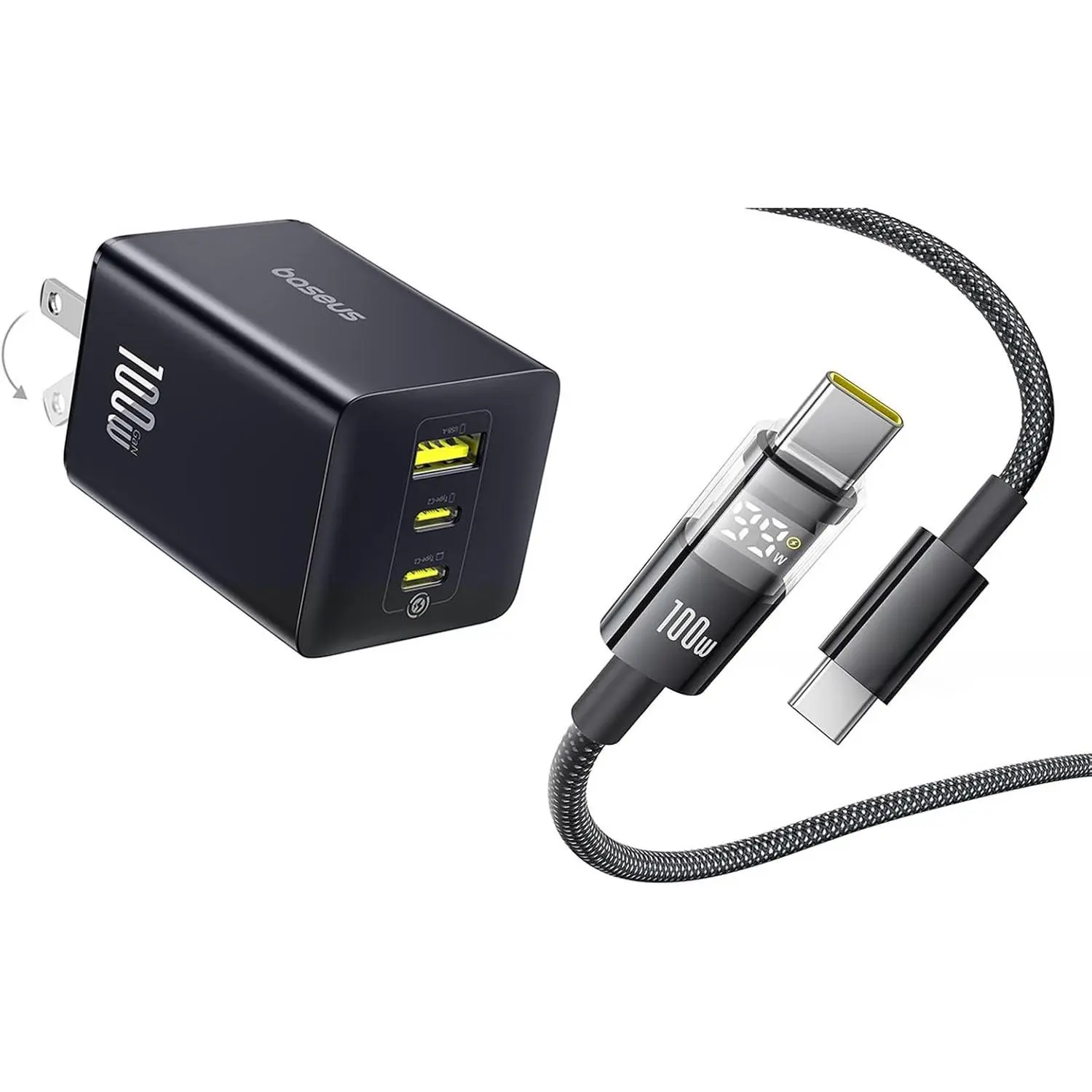 100W USB C Charger Block, 3-Port Foldable Compact PPS Wall Charger,   Power Adapter and  USBC , 100W 5A   USB C Charger  with LED Display