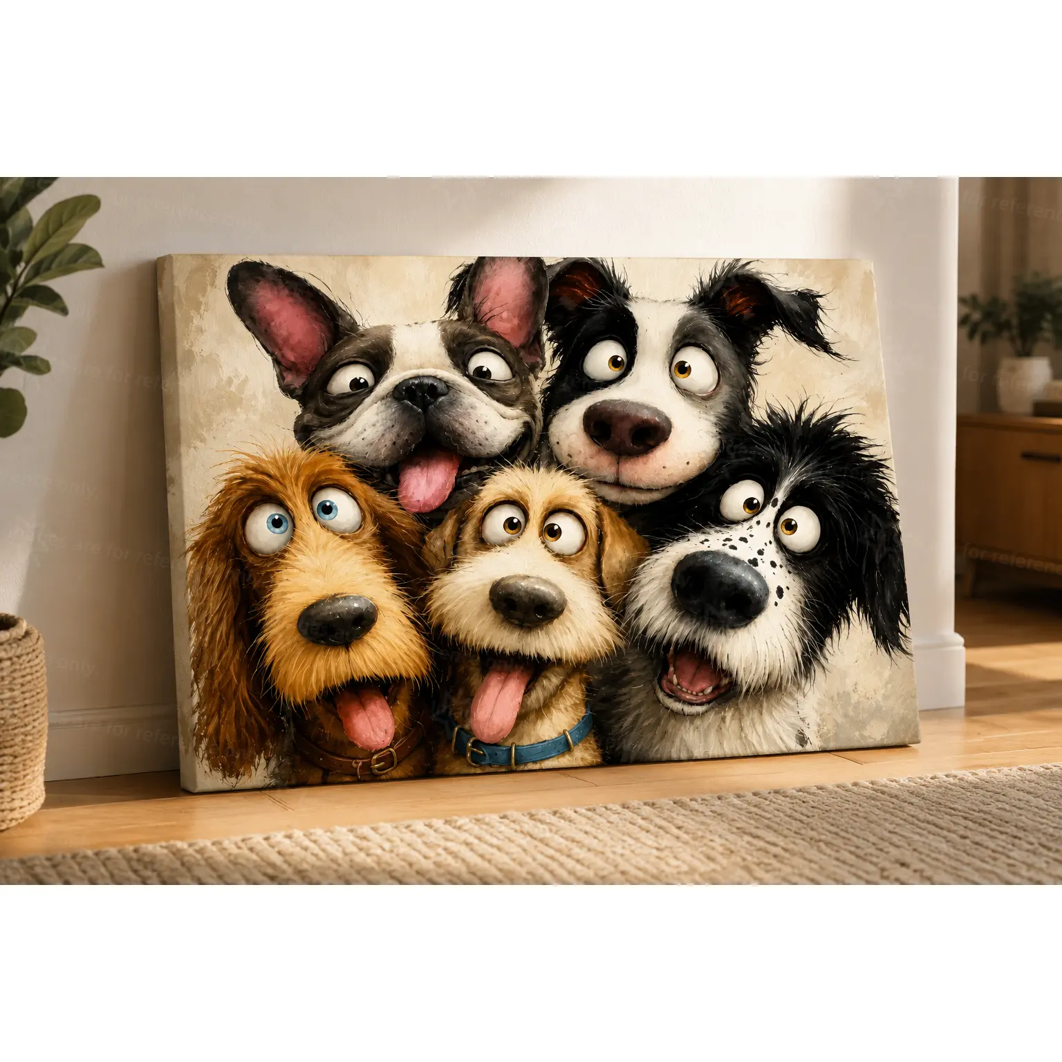 Cartoon Funny Wide-Eyed Mixed Dog Breeds Group Canvas Art poster wall decor, Whimsical Playful Pet Wall Decor for Bedroom Living Room Farmhouse Apartment, Available as Unframed Canvas Poster or Framed Canvas Wrap