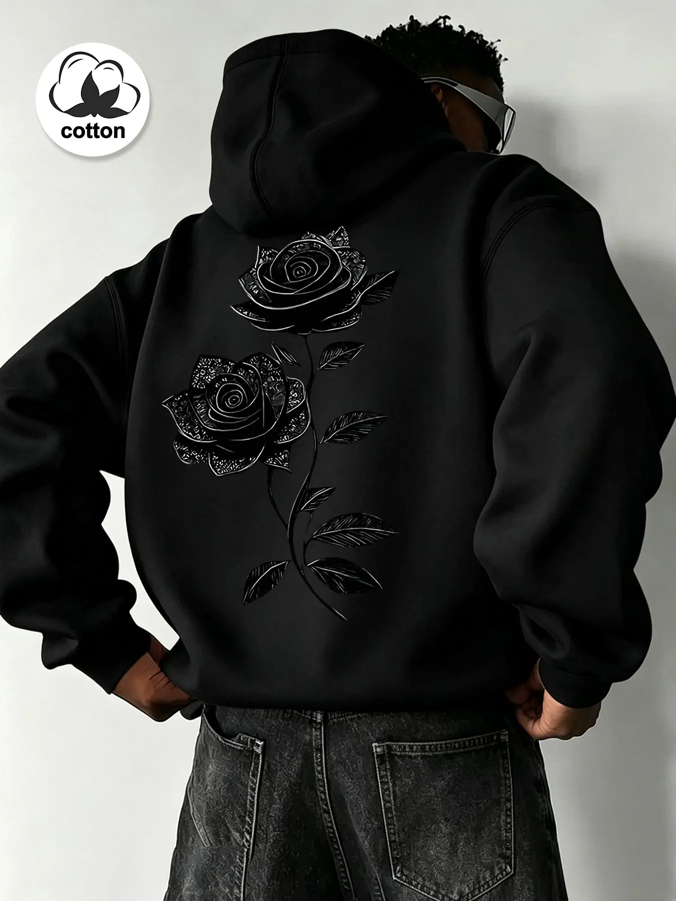 Men's Hooded Sweatshirt, Loose Fit, Windproof, Rose Print, Cotton Fabric, Streetwear, Tiktok Trend, All Seasons