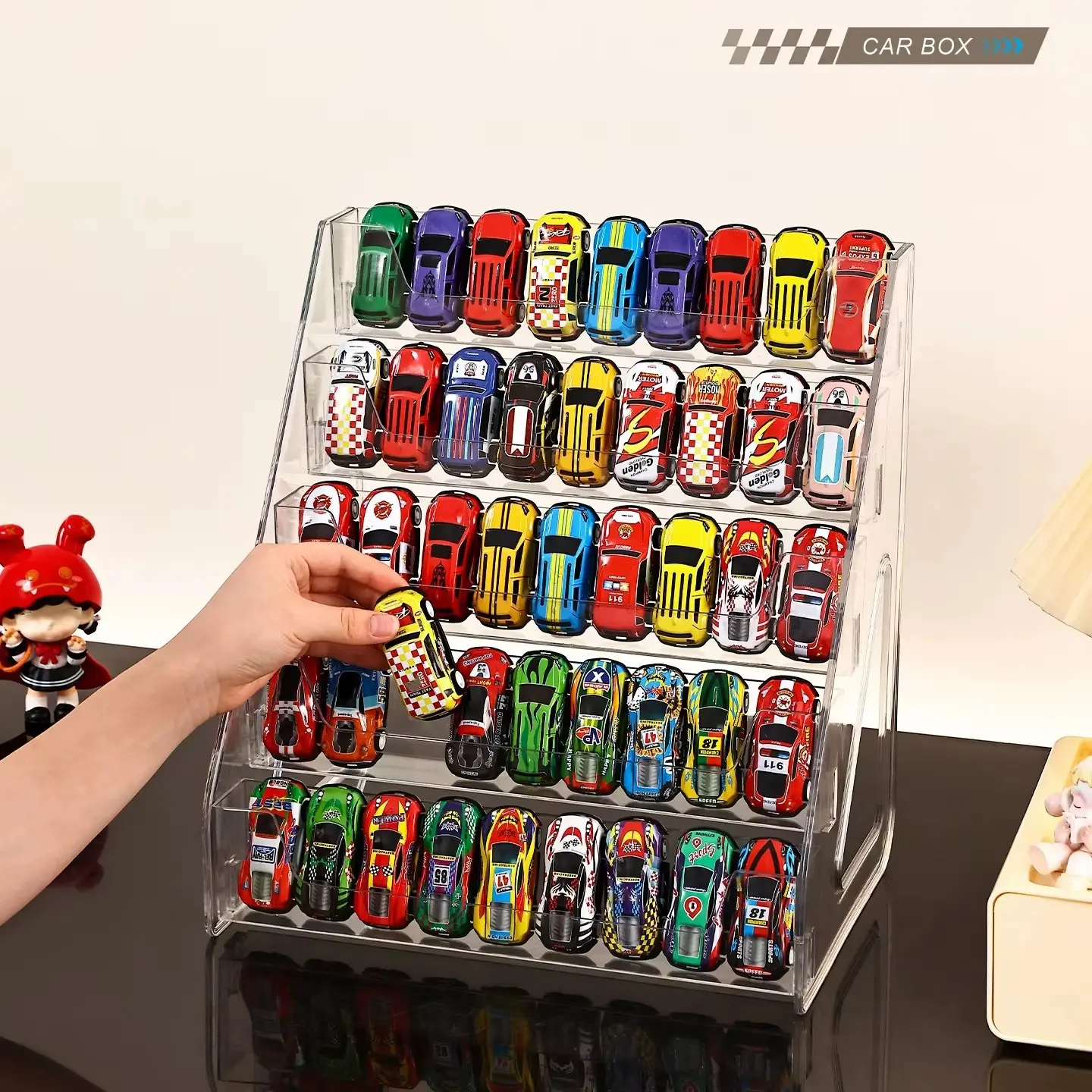 Five-Tier Toy Car Display Stand, Transparent Staircase 1:64 Matchbox Alloy Mini Car Model Storage Rack, Collectible Vehicle Organizer