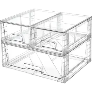 3 Pack Stackable Storage Drawers, Easily Assemble Acrylic Bathroom Undersink Organizers,Clear Plastic Storage Bins for Closet,Cabinet,Pantry,Medicine Organization