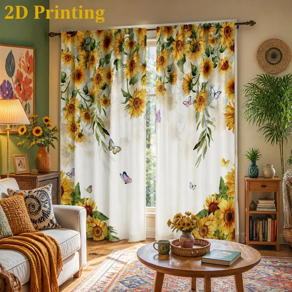 2 Piece Country Fresh Sunflower Vine Butterfly Curtains, Semi-Sheer Polyester Fabric, Top Rod Pocket Design, Home Decor, Window Curtain, Home Decoration Curtain, Room Decor Curtain
