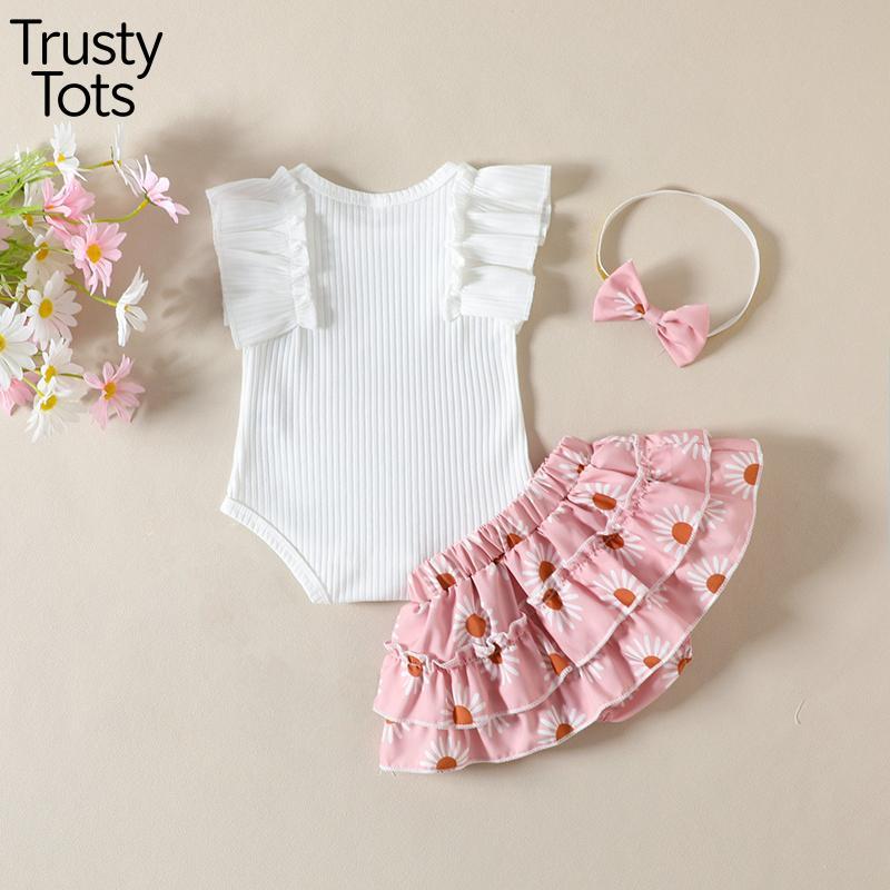 Trusty Tots  Baby Girls Summer Outfit Sets Ruffle Sleeve Ribbed Romper + Floral Culottes + Headband 2026 Summer Lace cod Set New Style Sweet Slim-fit Fashion Vest Lace Children Summer New