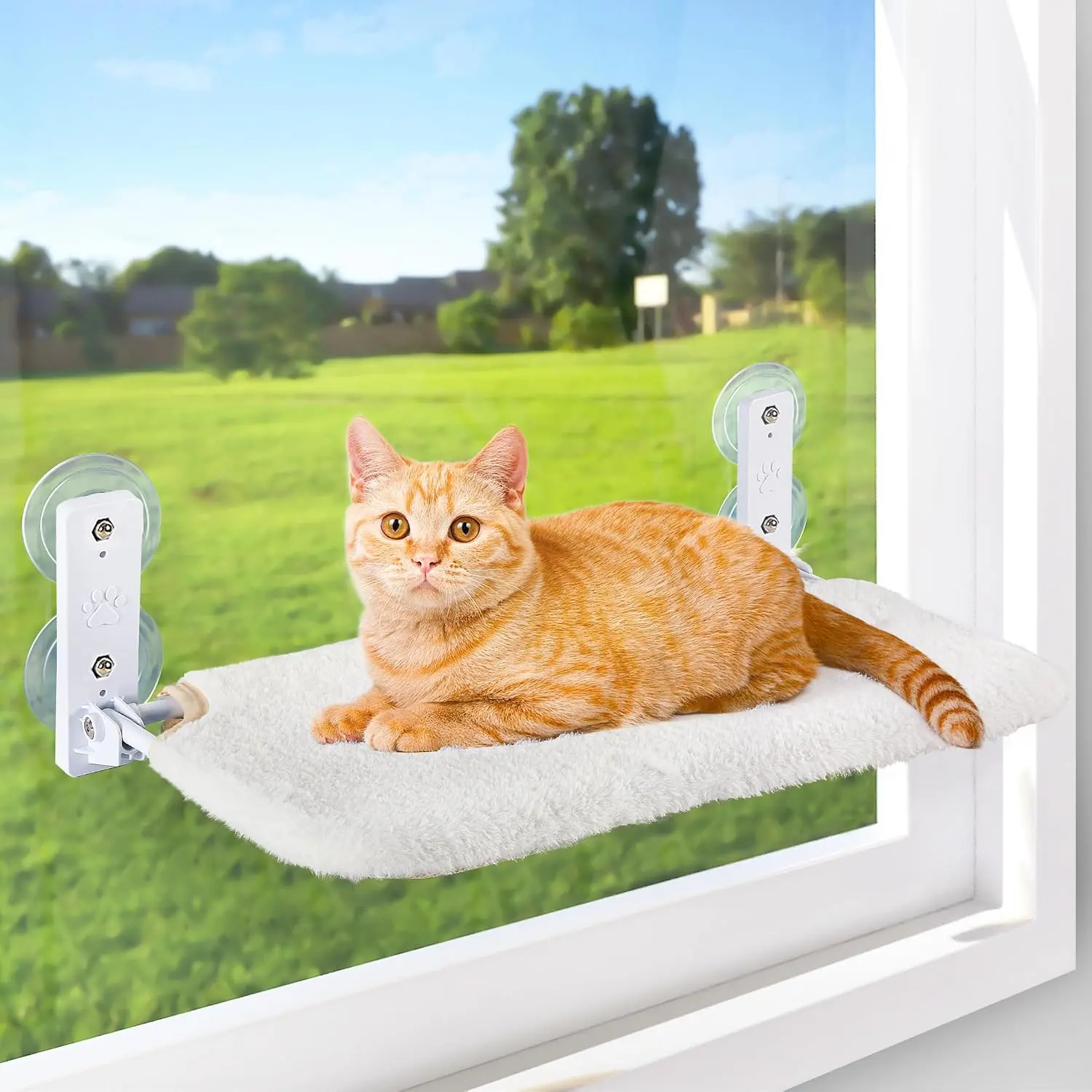 Cordless  Window Perch,  Hammock for Wall with 4  Suction Cups, Solid Metal Frame and Reversible Cover, Foldable  Beds for Indoor Cats (Medium-White)