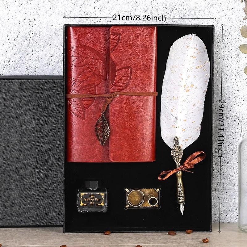 Creative Feather Design Pen Set, 1 Set Vintage Style Feather Design Pen & Note Book Set, Gift for Family & Friends & Teacher, Travel Diary Notebook