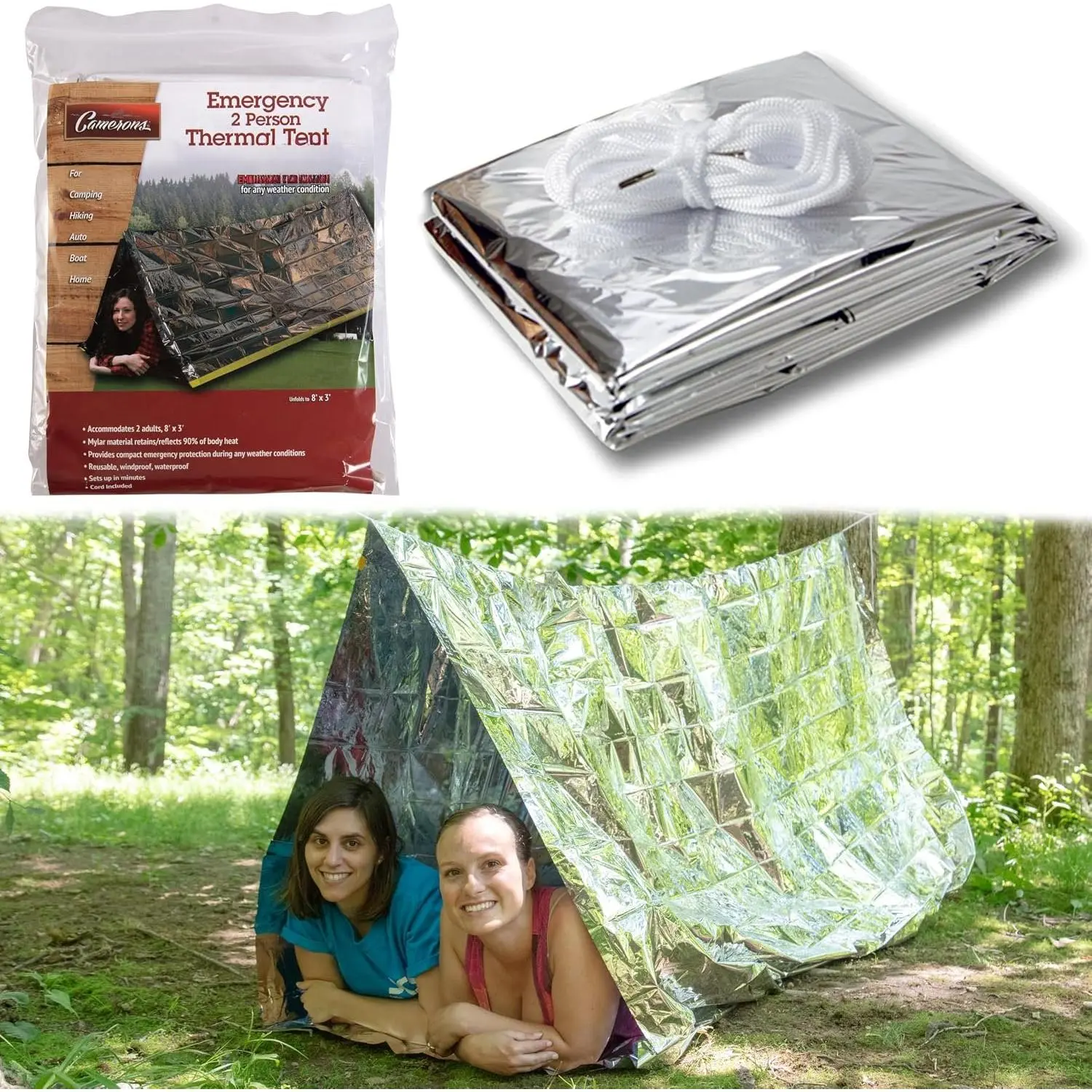 Thermal Tent -Reflective Mylar  Shelter-XL Size  Lightweight Tube Tent- Insulated Retains Heat & Fits 2 Adults in  Weather- Outdoors, Hiking,  Out Bag- 8 x 3