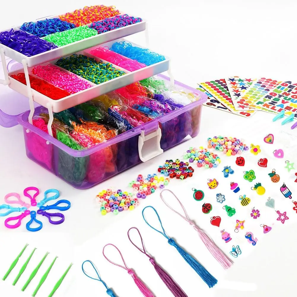 15000+ Rubber Loom Bands,  Rubber Bands Bracelet Kit,Loom Bracelet Making Kit with 3 Layer Container,30 Colors,380 Beads,30 Charms,Clips, Hooks Tools for DIY Art Holiday