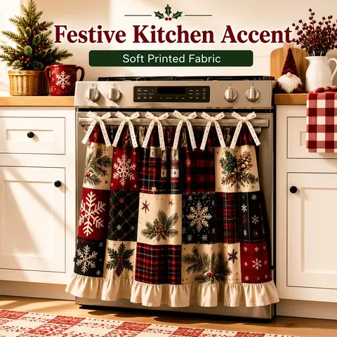 Oven Door Curtain with Bow Strap - Appliance Covers, Holiday Theme Accent for Stove, Farmhouse Kitchen Decor, Bathroom Window Use