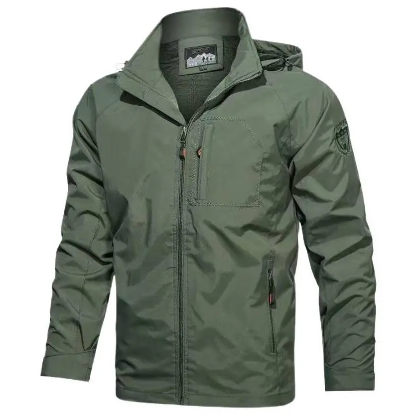 Men's Detachable Hood Stand Collar Functional Jacket, Full Zip Windproof Outerwear, Multi Zipper Pockets, Lightweight Water-Resistant Fabric, Outdoor Casual Windbreaker Suitable For Daily Street, Hiking & Camping Wear