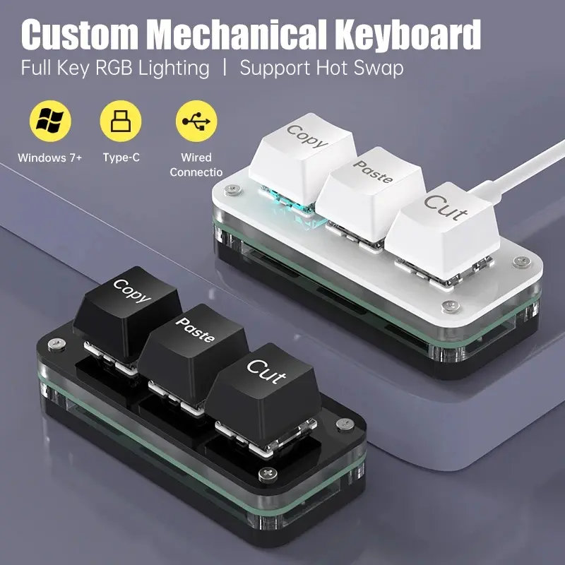 3-Key Hot-Swap Macro Mechanical Keypad, RGB Backlit Programmable Mini Keyboard, Type-C Wired Macropad for Gamers, Office Users (Shortcut, Copy-Paste Hotkeys)