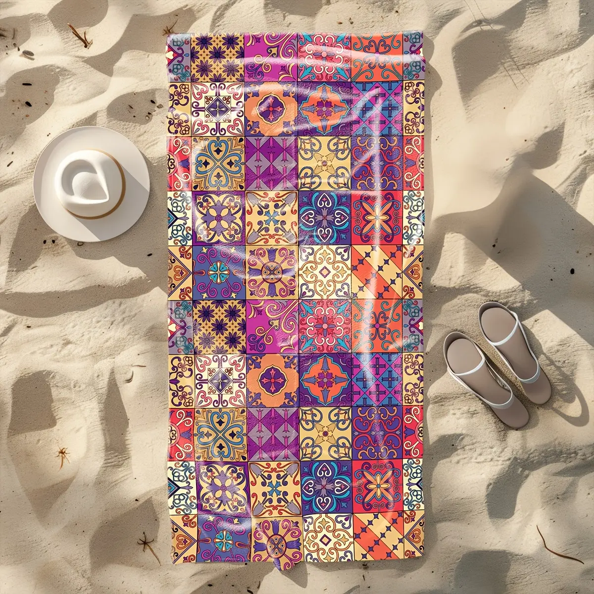 Quick Dry Microfiber Beach Towel - Moroccan Tiles Pattern, Purple-Orange Mosaic, Boho Style, Coastal Swimming Use, Sand-Free, Lightweight, Large Polyester Bath Towel for Bohemian Maximalist Art Lovers, Summer Holiday Gift