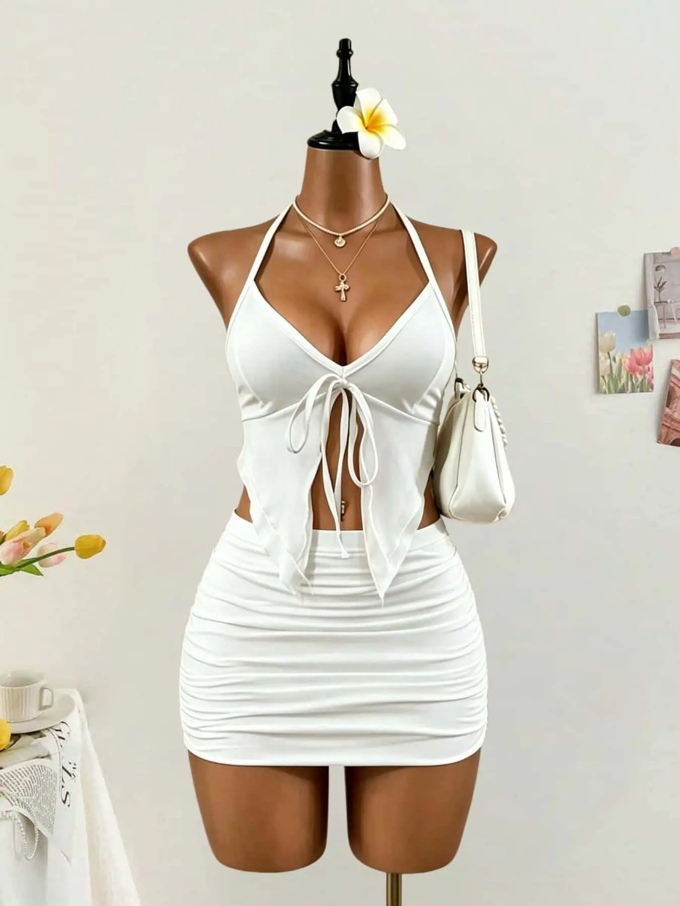Girls' Front Tie Strap Halter Neck Home Sleeveless Tank Top, V-Neck Self-Tie Asymmetric Hem, Lightweight Breathable Summer Sleepwear Top