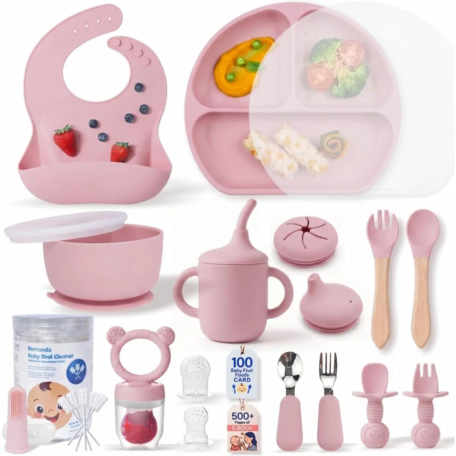 Remonda 23-Piece BPA-Free Baby Silicone Feeding Set| Extra Large Suction Plates, Toddler Bowls, Self Feeding Spoons, and More| Dishwasher Safe| Infant Led Weaning Supplies (Pink)02