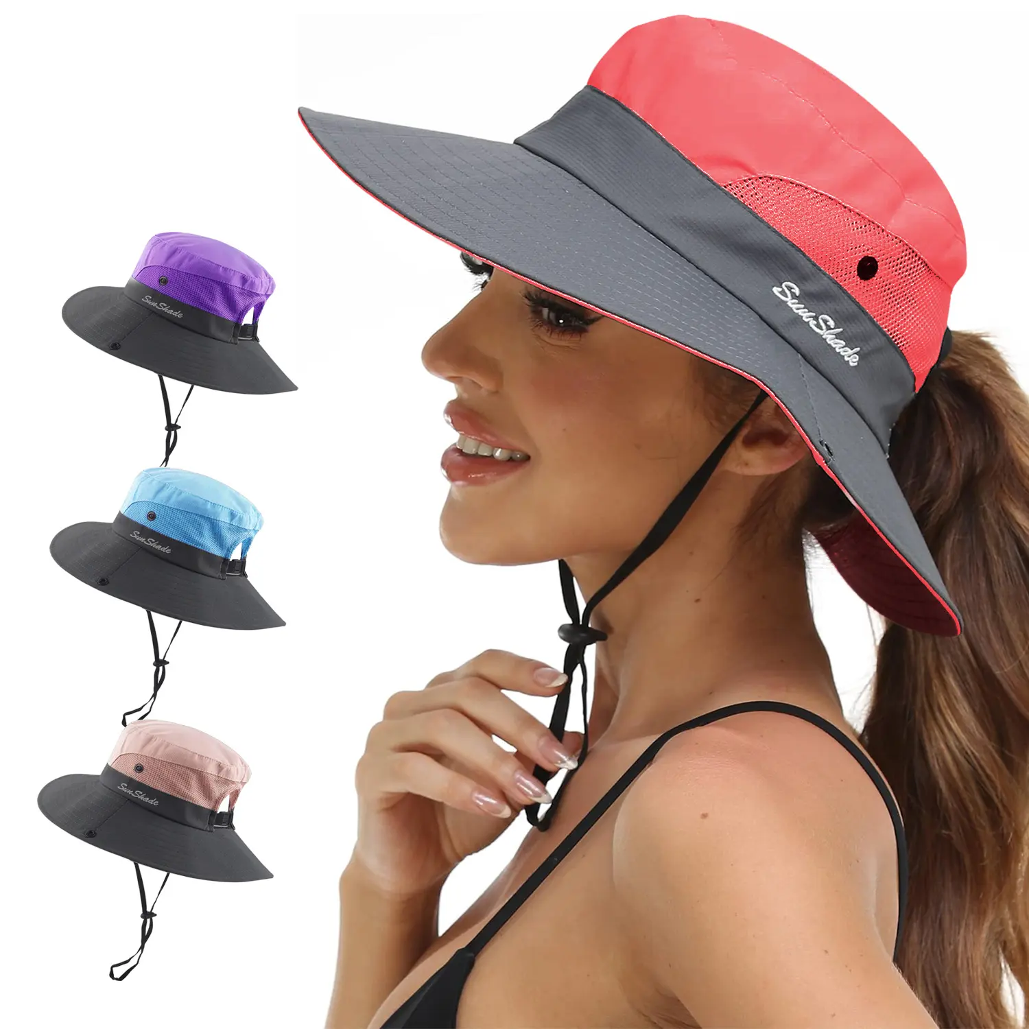 Women's Ponytail Safari Sun Hat,Wide Brim UV Protection Outdoor Bucket Hat,Foldable Beach Summer Fishing Hat