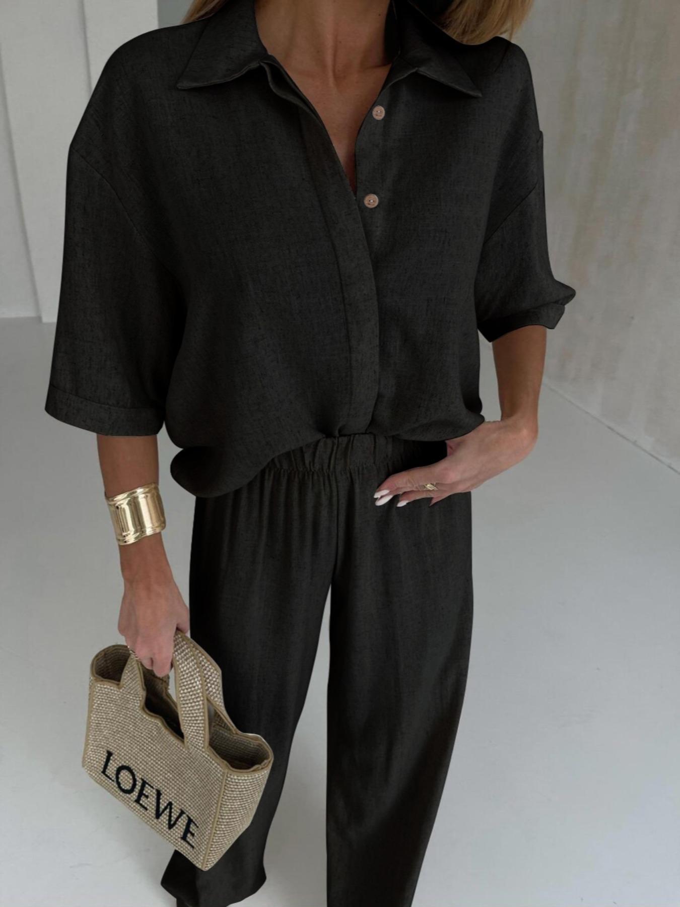 Women's Linen Short Sleeve Shirt & Pants Set, Relaxed Fit and Casual Style Outfit for Everyday Wear