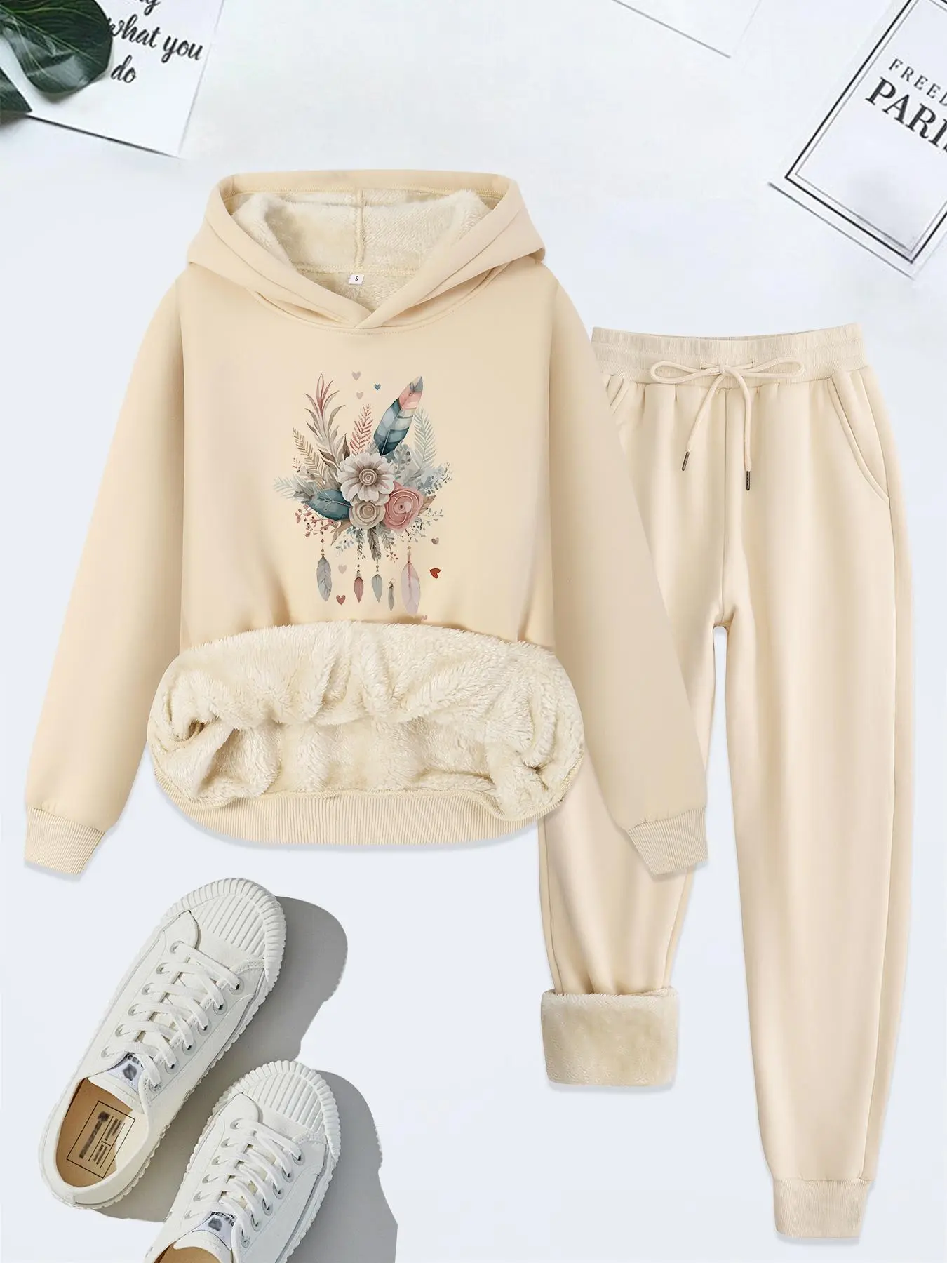 Women's Cartoon Flower Print Thermal Lined Hoodie & Drawstring Waist Pants Two-piece Set, Casual Fashion Set, Casual Long Sleeve Hooded Sweatshirt & Pocket Trousers, Women's Fall & Winter Clothes, Casual Sweatsuits Set