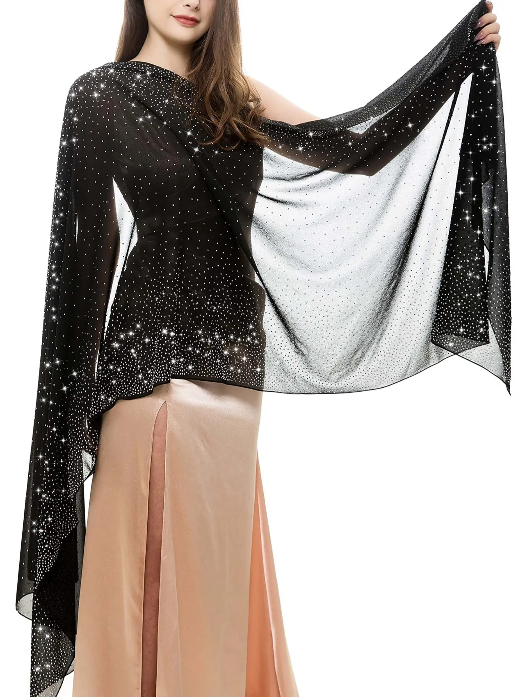 Women's Evening Gown Chiffon Shimmer Rhinestone Scarf, Semi-Transparent Wedding Party Shawl, Lightweight Sheer Wrap, Sheer Shawl for Evening Dresses, Elegant Accessory
