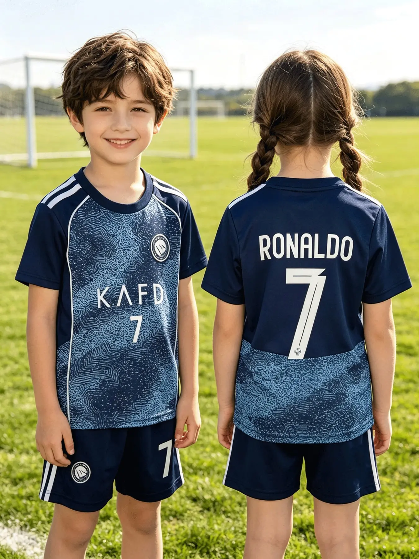 Unisex Ronaldo 7 Soccer Set, Gradient Texture Round Neck Jersey and Shorts, Quick-Dry Sports Training Gear