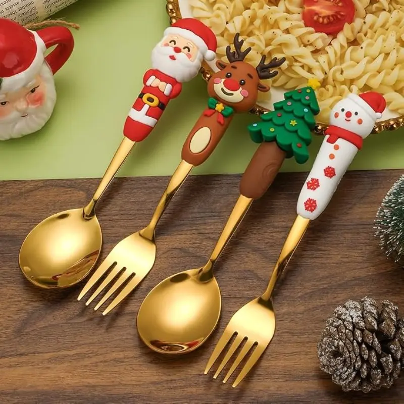 6-Piece Christmas Cutlery Gift Set, Santa Spoon and Tree Fork, Titanium Gold Stainless Steel, Elegant Holiday Dining, Includes Card