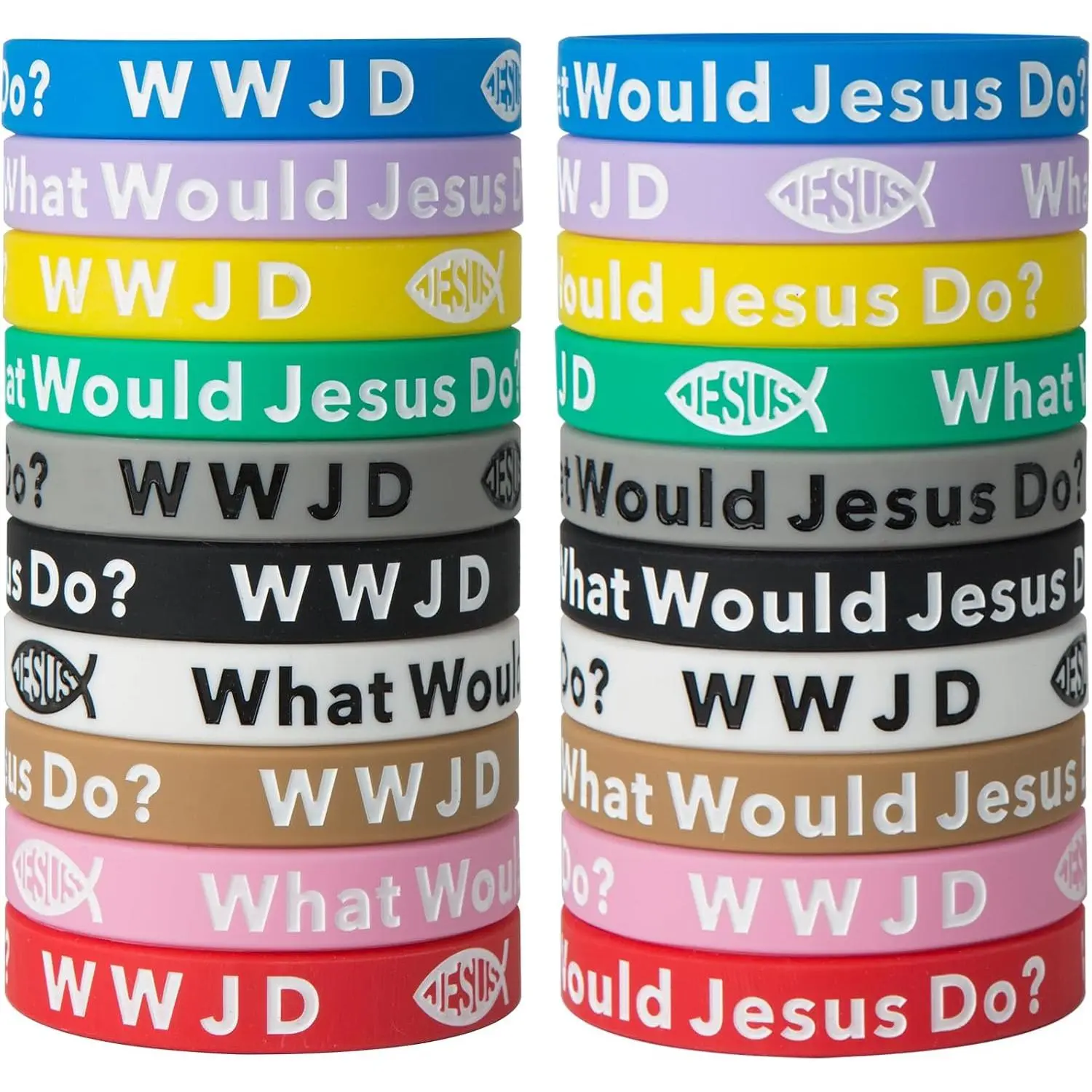 20 count WWJD  Wristbands  Fish Symbol Scripture Bands | 10 Designs Rainbow Colors Rubber Bracelets, Standard Size Religious Church Gifts For  Teens Men Women Party