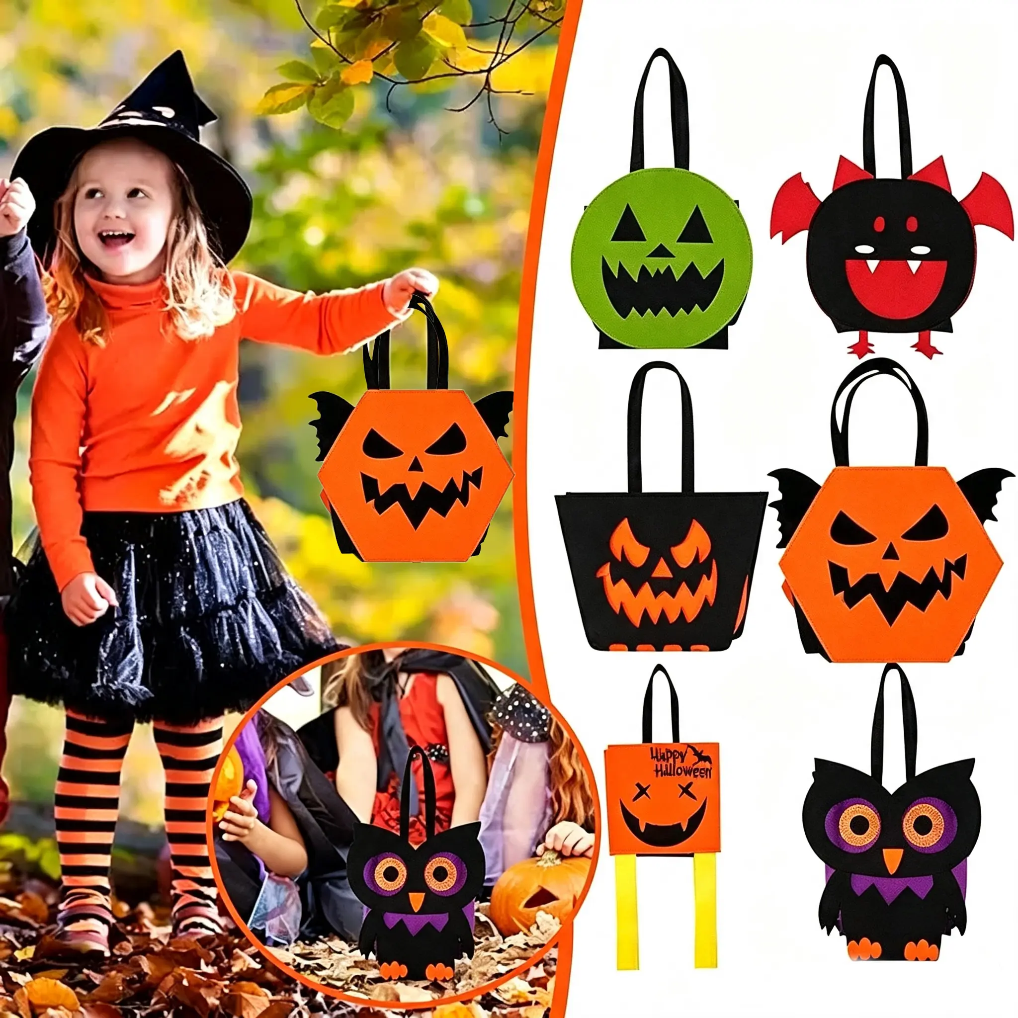 Kids' Unisex Halloween 3-Piece Reusable 3D Felt Pumpkin Basket - Cartoon Characters, Pumpkin Demon Wings (1 piece per pack), Lightweight Handheld Prop, Ideal for Party Decor, Holiday Gifts
