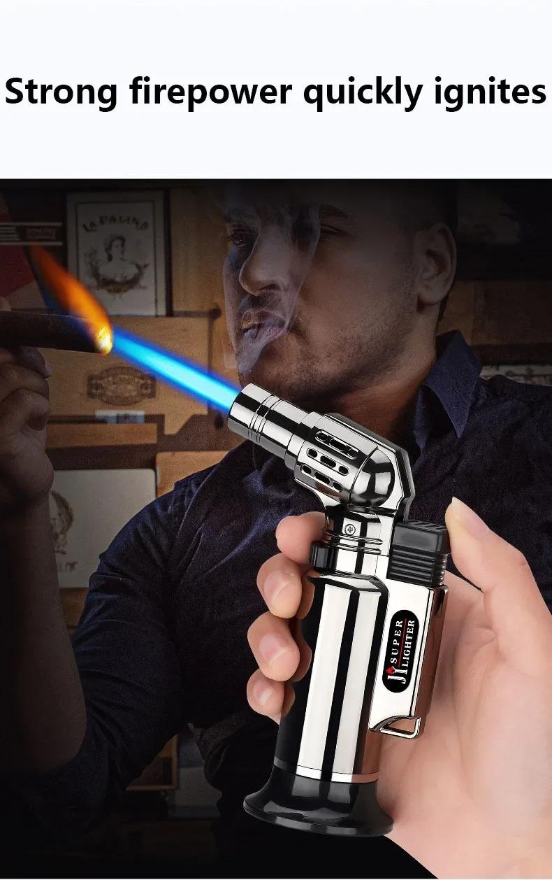 Portable High Fire Metal Lighter, with Safety Lock & Adjustable Flame, Multifunctional Kitchen Barbecue Cigar Lighter, Outdoor Windproof Turbine Gas Lighter, Men'S Gifts (No Gas), Without Battery