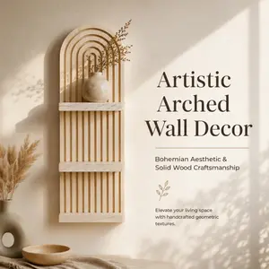 Boho Arched Solid Wood Wall Shelf, Slatted Wooden Floating Wall Decor Rack with Marble Shelves for Entryway Living Room Display