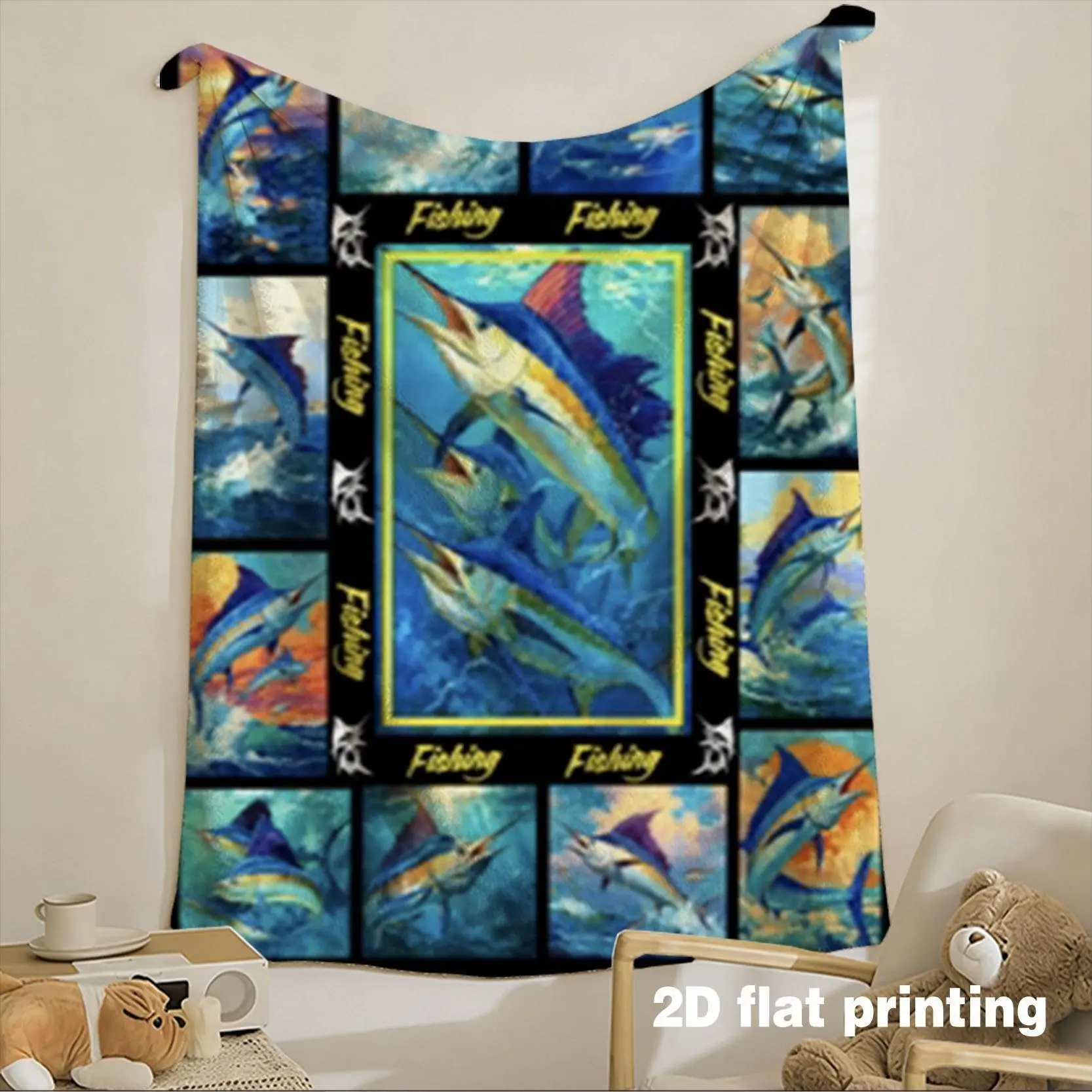 Vibrant 2D Digital Spray Print Marlin Fishing Themed Throw Blanket, Multiple Specifications Available, Soft Decorative Nap Blanket for Office Napping, Sofa Rest & Cozy Daily Indoor Use