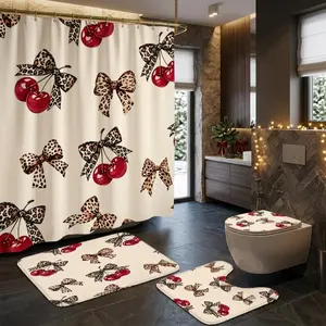 4pcs Cherry Bow Leopard Print Shower Curtain Set, Farmhouse Bathroom Decor, Holiday Gift, TikTok Shop Trend, Cute Vintage Bathroom Aesthetic