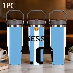 1pc 30oz large capacity portable thermos cup with MESSI # 10 pattern, blue and white vertical stripes with golden sun totem and Messi # 10 shirt number, leak-proof and portable seal, suitable for daily use and collection of Messi fans