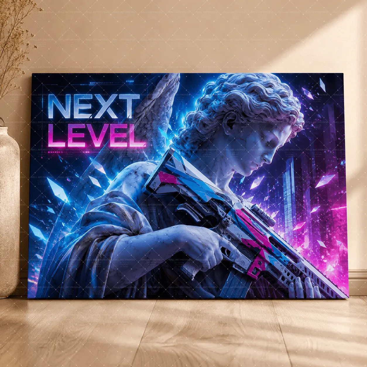 Next Level Neon Wall Art Poster, Cyberpunk Angel Statue Canvas Print, Blue Pink Futuristic Aesthetic Decor, Gaming Room Bedroom Living Room Office Wall Art, Modern Motivational Poster Gift,wall decor,poster.