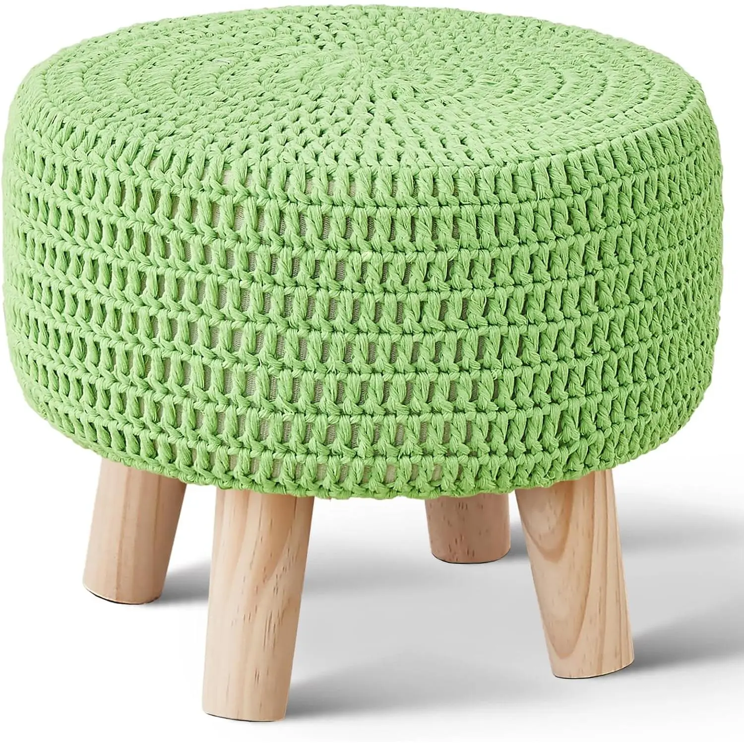 Pouf Ottoman,   Knitted Boho Footstool, Round Footrest with Non-Skid  ,  Décor  Pouffe, Leisure Floor Step Stool for Living Room (Matcha)