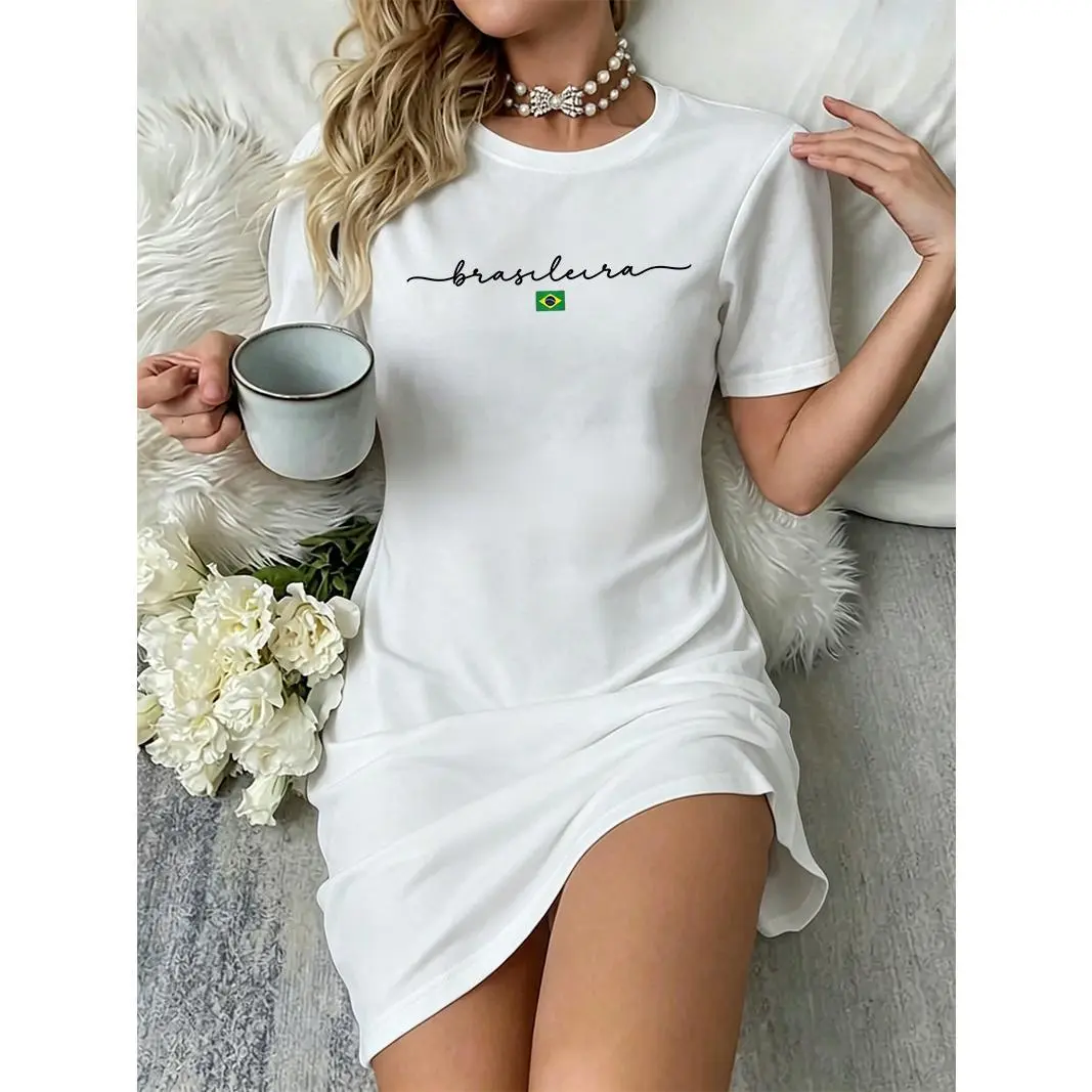 Women's Streetwear Polyester-Spandex Cursive Letter Brasileira National Flag Print Crew Neck Loose-Fit Mini T-Shirt Dress for Everyday Wear, Oversized, Breathable, Casual, Shortsleeve, Lightweight, Round Neck, Graphic, Casual Wear, Fabric, Lady