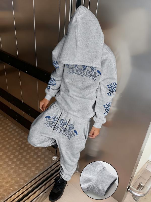 Men's Gothic Font Print Hoodie Set, Fitted Warm Winter, Street Style Jogger Pants, Comfortable No Match Needed
