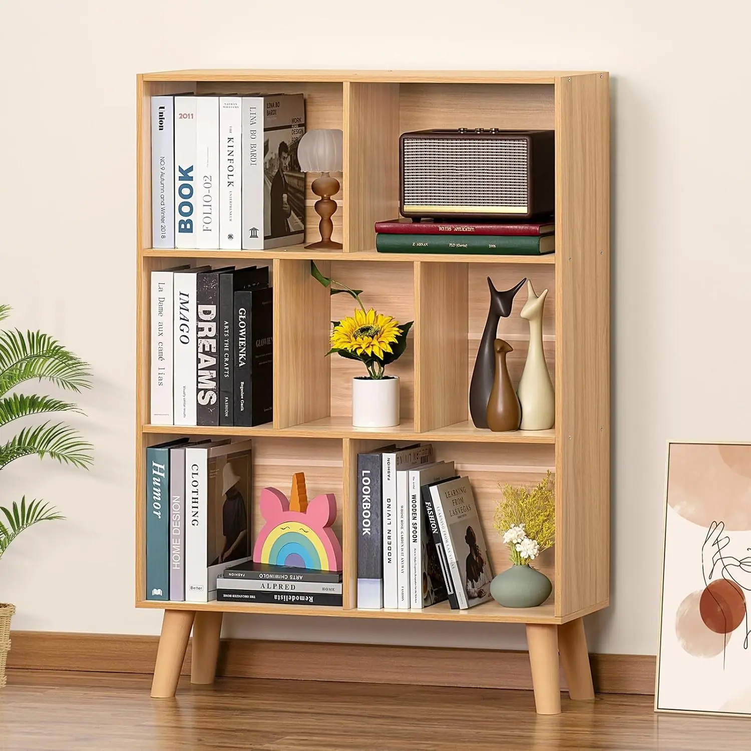 Wooden 7 Cube Book Shelf, Natural 3 Tier Bookshelf with Legs, Modern Open Storage Organizer,Boho Bookcase,Display Cabinet Shelf Free Standing Bookshelves for Bedroom,Living Room,Office