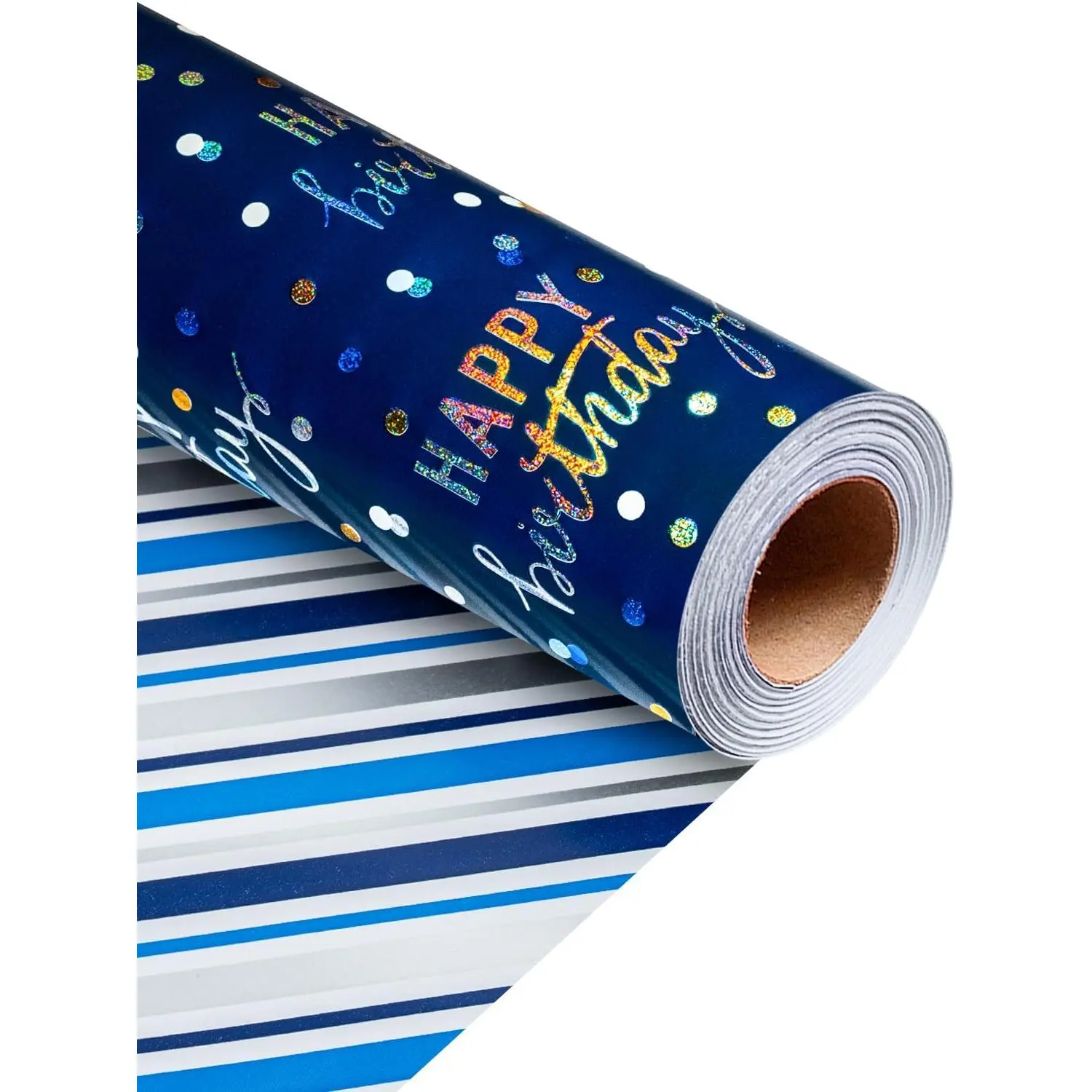 Birthday Wrapping Paper Roll, Blue Metallic Holographic Happy Birthday Wrapping Paper Featuring Revesible Stripe  Wrap Paper for Boys  Girls Men, 17 Inches x 33