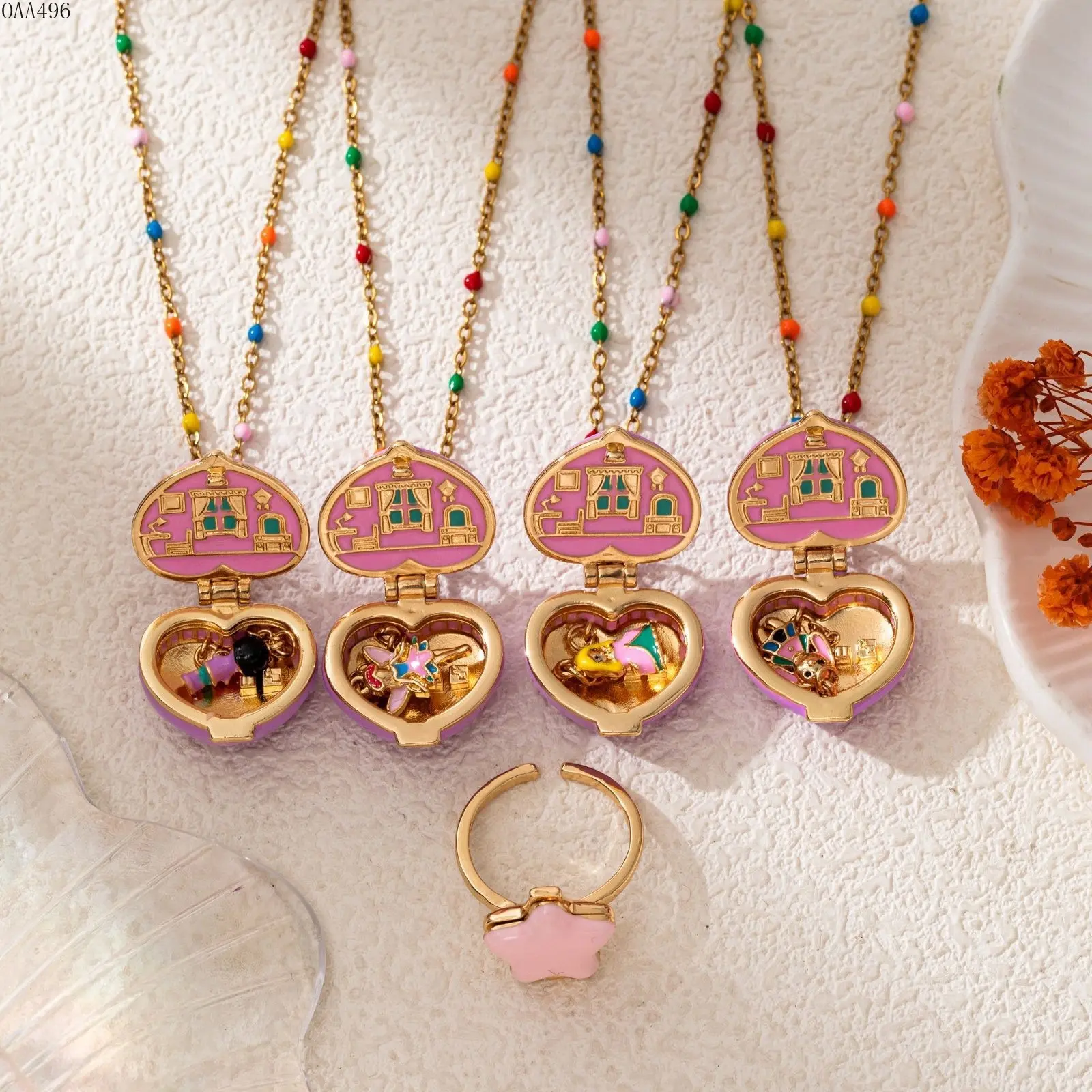 Women's Heart Pendant Necklace Gold Plated Alloy Chain Colorful Enamel Hearts Minimalist Cute Daily Wear Gift Set