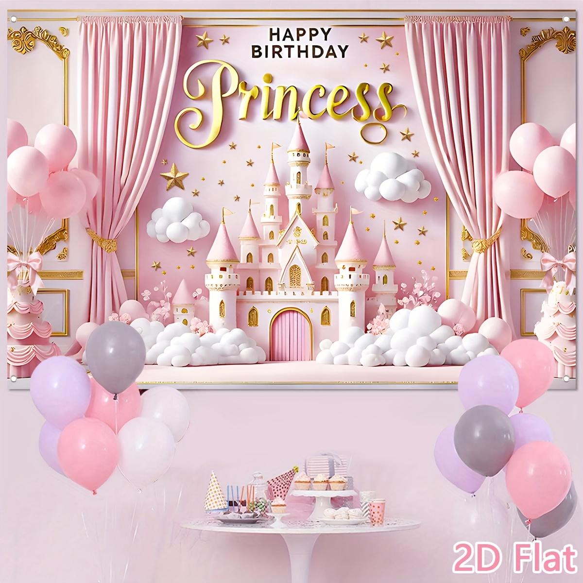 Pink birthday celebration background fabric, princess-themed party balloon castle pattern background fabric, birthday party decoration, baby party photography supplies, birthday party banner tapestry funny room tapestry durable man