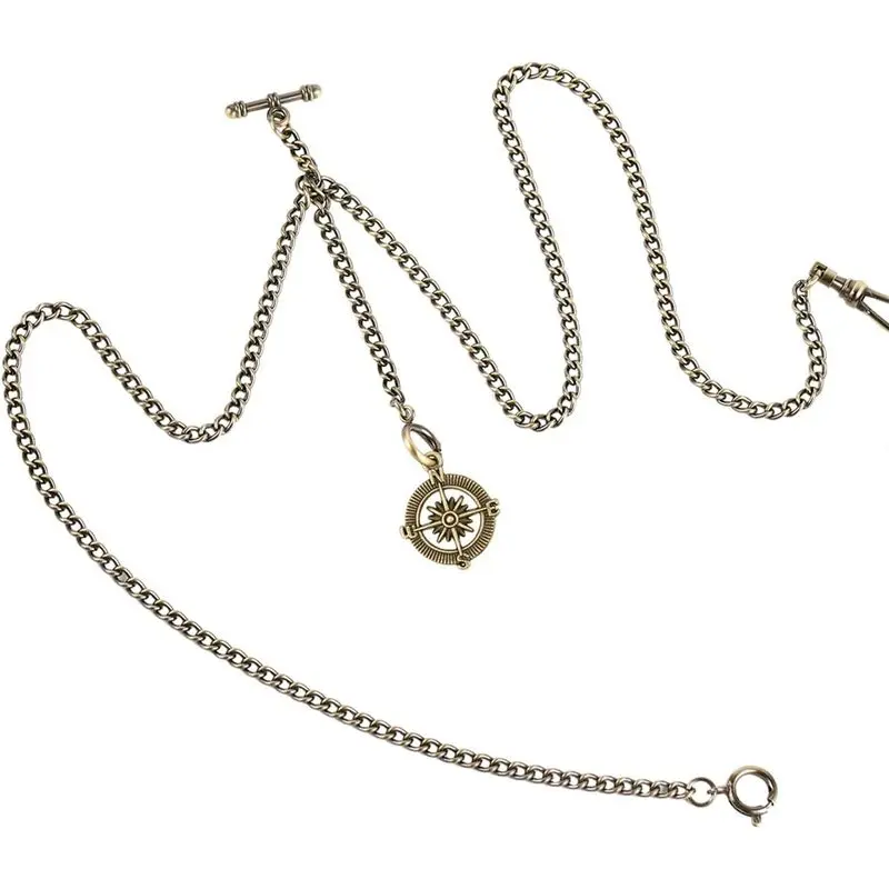 Men's Antique Rustproof Alloy Metal Link Pocket Watch Chain - Formal Wear Classic 3-Hook Curb Link Accessory with Shield Design Fob T-Bar & Compass, Metal Link Pocket Watch Chains