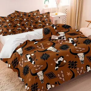 Rustic Western Cowboy Themed Bedding Set, 1 Duvet Cover + 1/2 Pillowcases, No Core, HD Vivid Print, Aztec Geometric & Cow Skull Print, Skin Friendly Bedding for Country & Southwestern Style