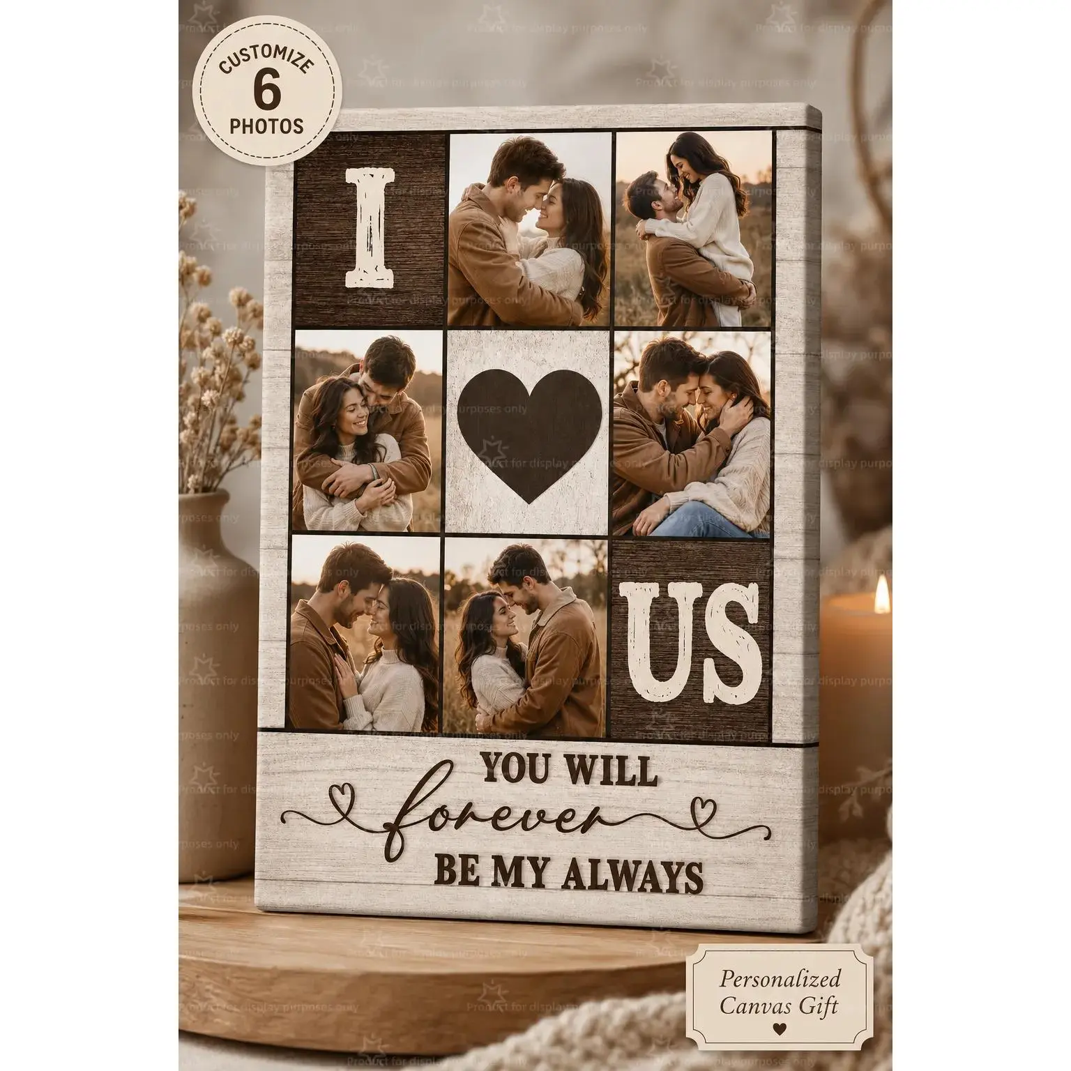 Custom Two-Tone Wood 6 Photo Collage Couple Canvas Wall Decor Poster, I Us Heart Forever Love Quote Personalized Picture Print, Wall Art for Bedroom Living Room Farmhouse, Decor Poster Print, Available as Unframed Canvas Poster or Framed Canvas Wrap
