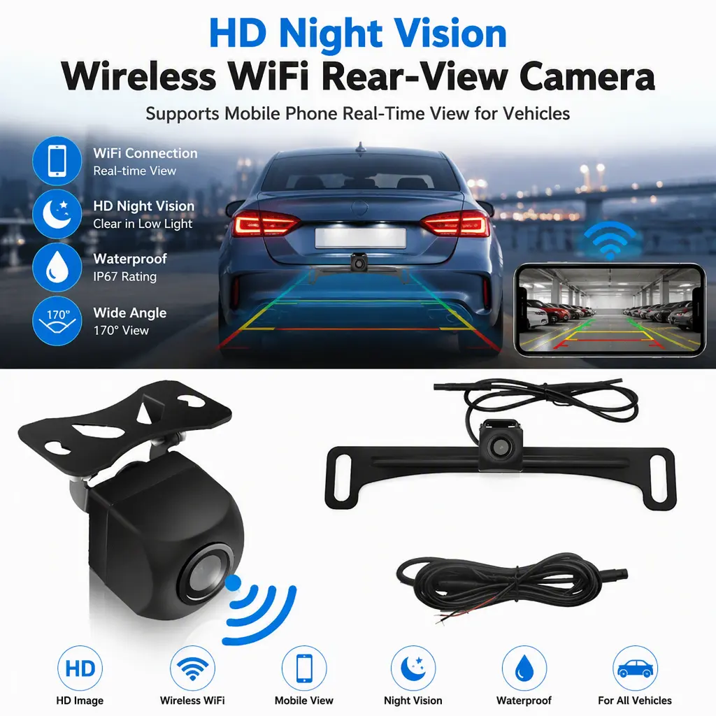 HD Night Vision Car Reversing Image Camera, Wireless WiFi Rear‑View Monitor Camera Supports Mobile Phone Real‑Time View for Vehicles