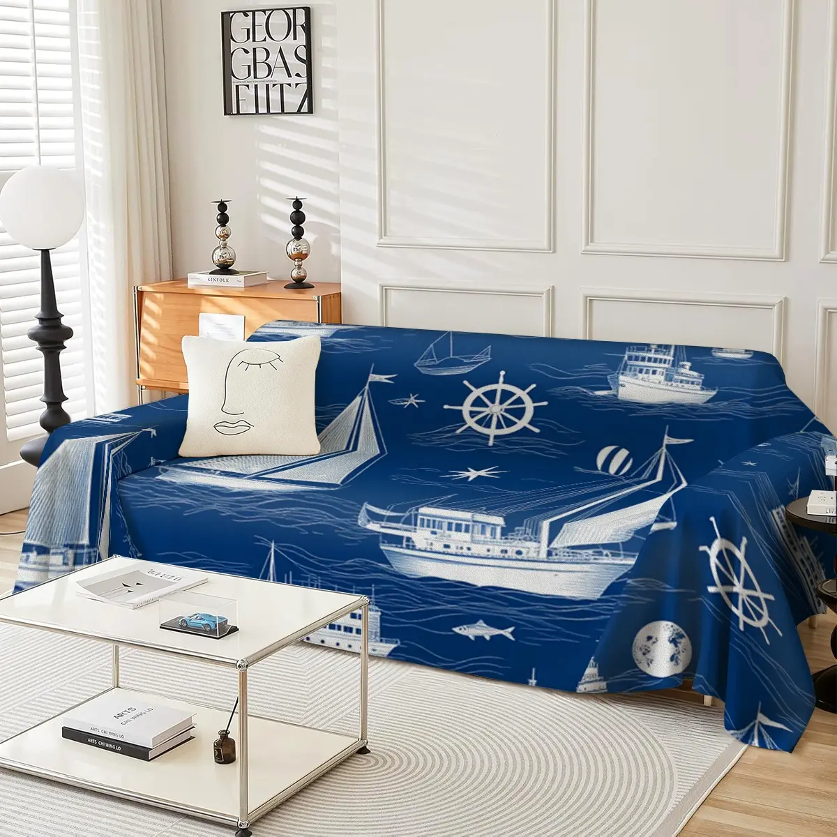 The navy blue sailing sailboat sofa cover is machine washable and suitable for decorating sofas in bedrooms and living rooms throughout the year