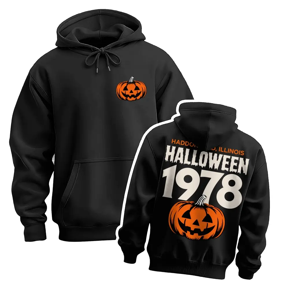 Men’s Vintage Halloween Pumpkin Graphic Hoodie, 1978 Spooky Front and Back Print Pullover Sweatshirt, Casual Oversized Long Sleeve Streetwear Hoodie for Halloween Party, Fall and Daily Wear