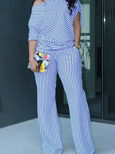 New D8582 Cross-Border European and American Women's Fashion Loose Casual Asymmetrical Sleeve Two-Piece Set, Multi-Color, Multiple Sizes, Trendy