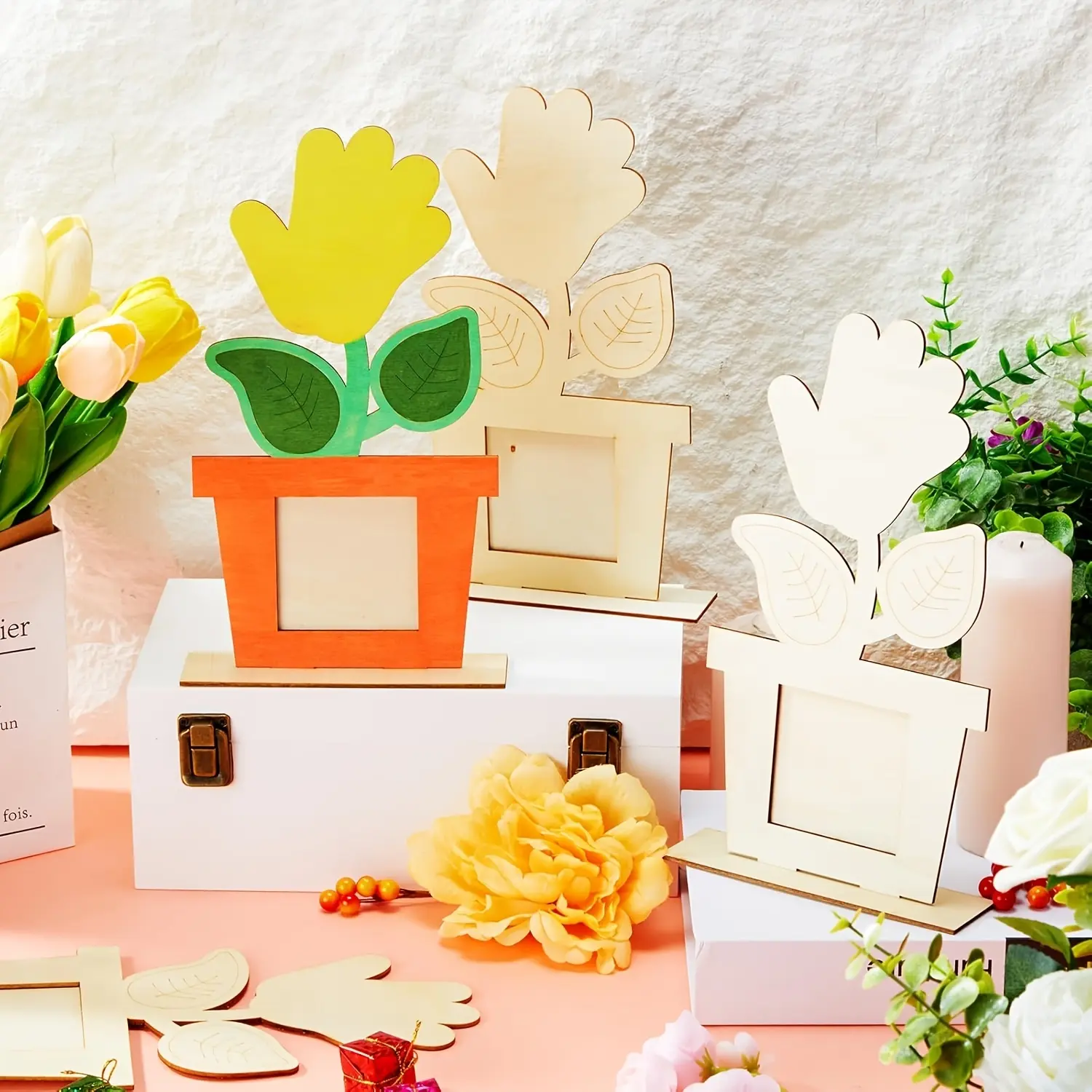 4Pcs Wooden Flower Pot Photo Frame Set, Multi-Functional Tabletop Decor Frames, Home Desktop Ornaments, Ideal Gift For Living Room & Study Room