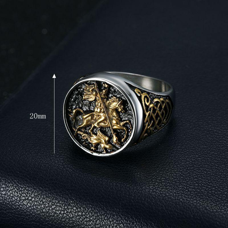 [FLAME] Stainless Steel Vacuum Gold Plated Saint George Dragon Slayer Knight Ring Vintage Medieval Warrior Symbol Gothic Hip Hop Biker Statement Jewelry for Men