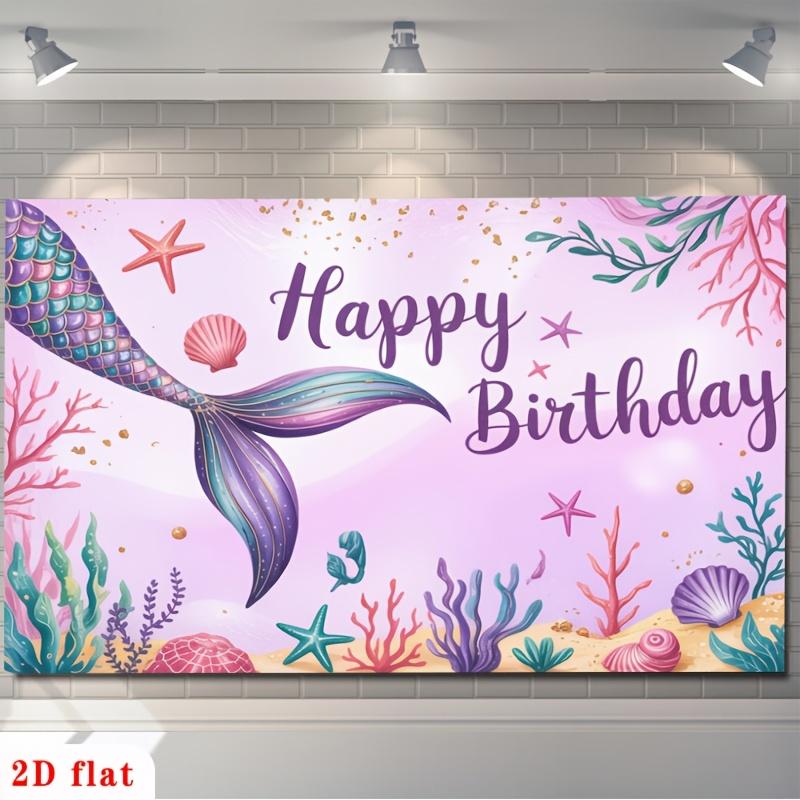 2D Flat - 2D Flat - 1pc 2D Flat Happy Birthday Banner | Iridescent Mermaid Tail, Colorful Starfish, Seashells, Pink Underwater Background Polyester Backdrop For Party Decor, Farm, Garden, Home, Room, Club |