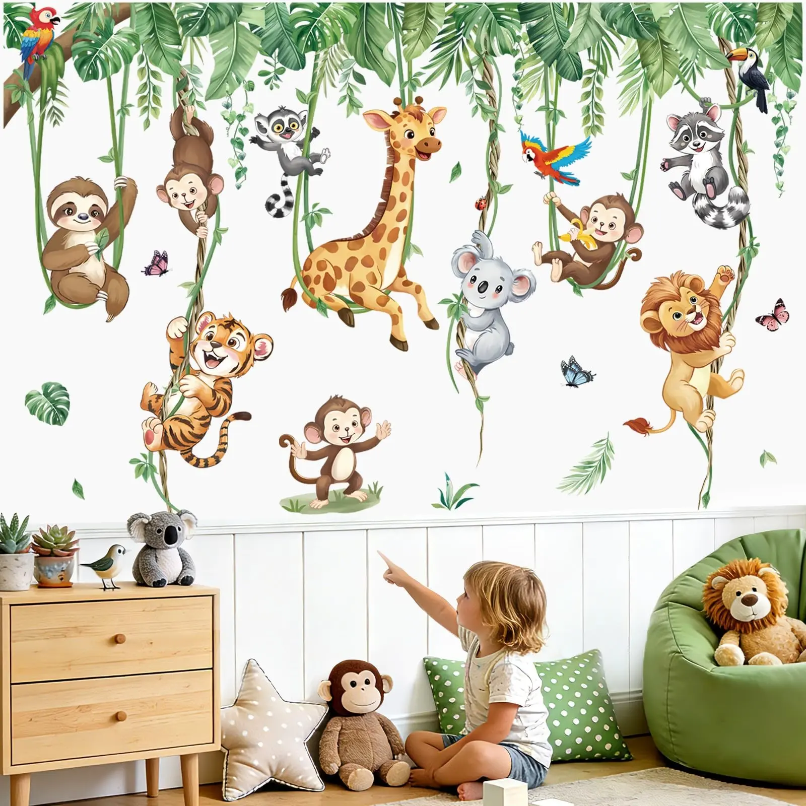 Jungle Animal Wall Sticker, Decorative Sticker, Hanging Vine, Wildlife Giraffe Lion Tiger, Tropical Leaves, Home Decor, Decoration Sticker for Bedroom Living Room Dining Room